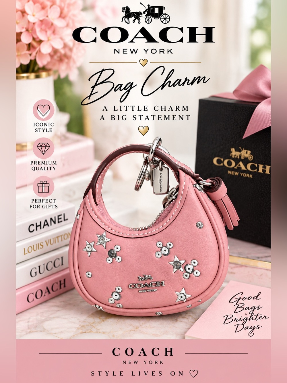 Coach NWT Carmen Pink Mini Bag Charm with Star Studs